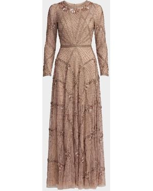 Mac Duggal Crystal & Beaded Mesh Gown - Natural