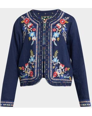 Johnny Was Floral-Embroidered Linen Bolero Jacket - Blue