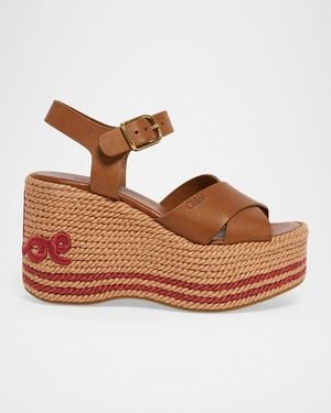 Chloé Isla Leather Espadrille Wedge Sandals - Brown