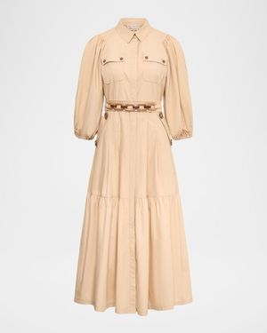 Maison Common Cotton Puff-Sleeve Belted Midi Shirtdress - Natural