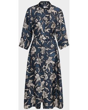 Max Mara Peonia Floral Silk Belted Midi Shirtdress - Blue