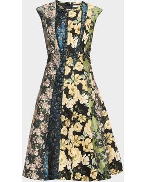 Jason Wu Mixed Floral Silk Jacquard Patchwork Midi Dress - Green