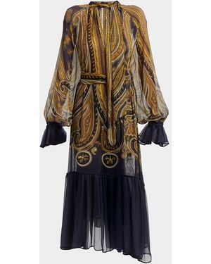 Etro Paisley Silk Neck-Scarf Long-Sleeve Ruffle Midi Dress - White
