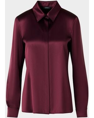 Akris Silk Satin Concealed-Front Button-Down Blouse - Red