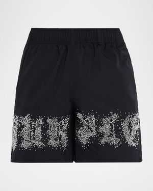 Purple Crystal-Embellished Logo Swim Shorts - Black