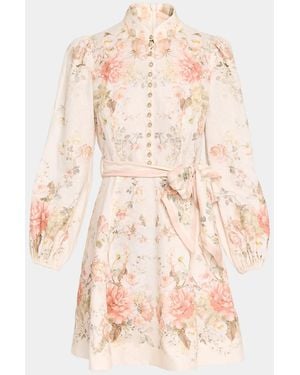 Zimmermann Clash Button Floral Linen Mini Dress - Natural