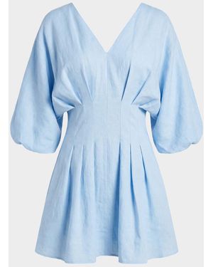 Nicholas Pleated Blouson-Sleeve Linen Mini Dress - Blue