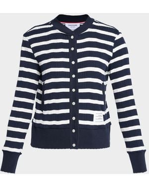 Thom Browne Striped Cotton Rib Crewneck Cardigan - Blue