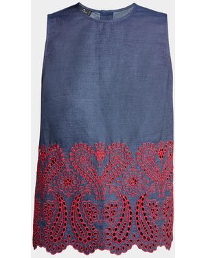 Etro Eyelet Embroidered Chambray Sleeveless Top - Blue