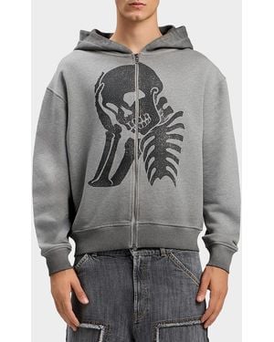 Palm Angels Apos;S Skull-Print Logo Zip-Front Hoodie - Gray
