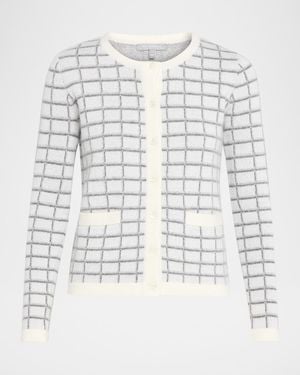 Neiman Marcus Cashmere Jacquard Grid Jacket - White