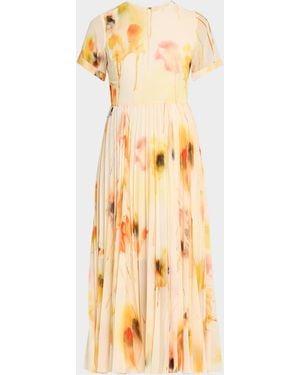 Jason Wu Pleated Watercolor-Print Midi Dress - Metallic