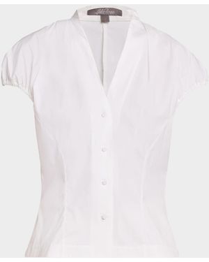 Lela Rose V-Neck Cotton Poplin Button-Down Shirt - White