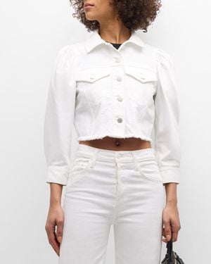 Alice + Olivia Lana Puff-Sleeve Cropped Denim Jacket - White