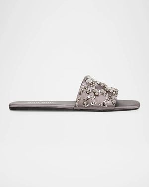 Miu Miu Embellished Satin Slide Sandals - White