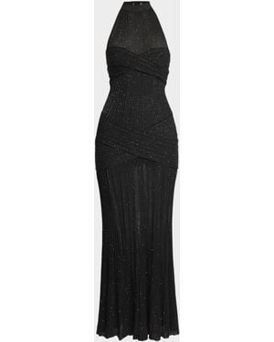 Balmain Glittered Crisscross Semi-Sheer Halter Dress - Black