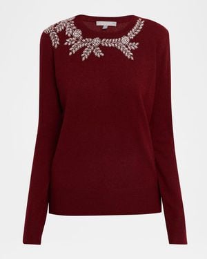 Neiman Marcus Cashmere Floral Rhinestone-Embellished Sweater - Red