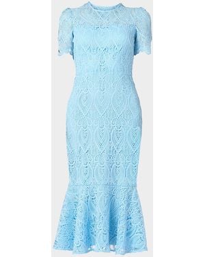 Shoshanna Darcy Geometric Lace Flounce Midi Dress - Blue
