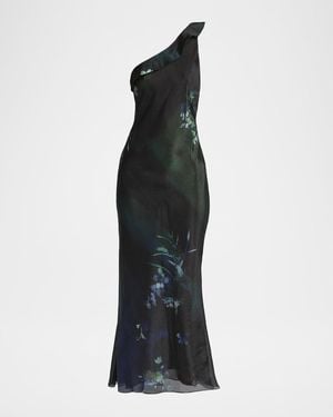 Giorgio Armani One-Shoulder Floral Silk Maxi Slip Dress - Black