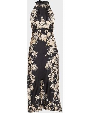 Saloni Michelle Floral Satin Draped Halter Midi Dress - White