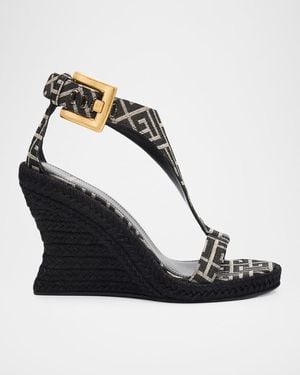 Balmain 85Mm Monogram Canvas Espadrille Wedge Sandals - Black