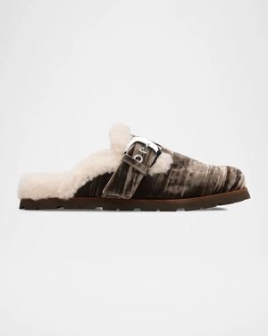 Stuart Weitzman Dara Shearling-Lined Suede Buckle Mules - Brown