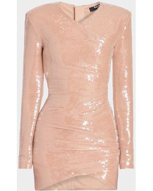 Balmain Sequined Long-Sleeve Draped Bodycon Mini Dress - Pink