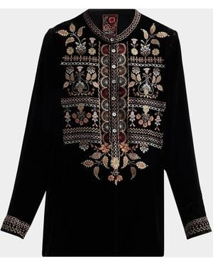 Johnny Was Floral-Embroidered Velvet Henley Tunic - Black
