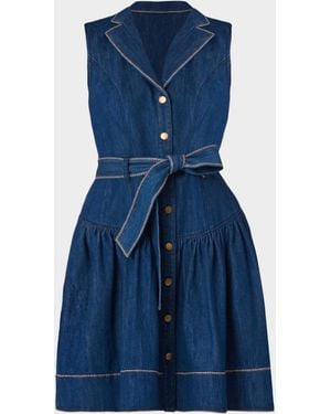 Shoshanna Mae Sleeveless Flounce Cotton Denim Mini Dress - Blue
