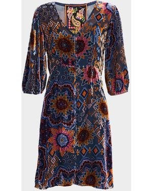 Johnny Was Ryan Velvet Elbow-Sleeve Dress - Blue