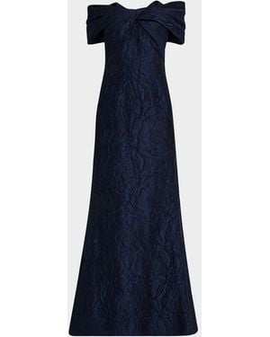 Teri Jon Off-Shoulder Jacquard Trumpet Gown - Blue
