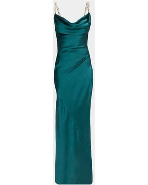 Balmain Cowl-Neck Embroidered Strap Silk Column Gown - Green
