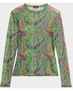 Etro Floral Paisley Mesh Long-Sleeve T-Shirt - Green