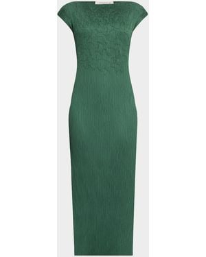 Lafayette 148 New York Cap-Sleeve Embroidered Plisse Maxi Dress - Green