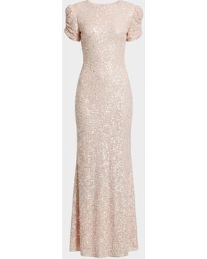Mac Duggal Beaded Mesh Column Short-Sleeve Gown - Natural