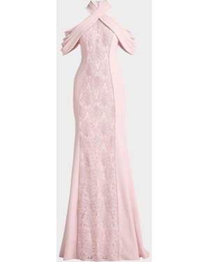 Tadashi Shoji Cold-Shoulder Corded Lace Gown - Pink
