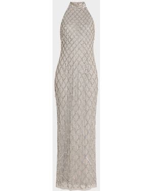 Aidan Mattox Beaded Halter Column Gown - White
