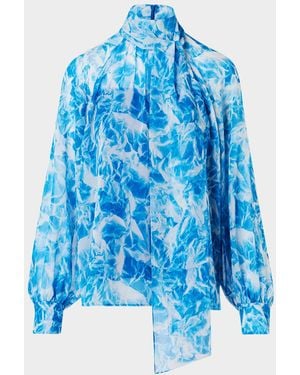 Akris Whitecaps Printed Tie-Neck Silk Blouse - Blue