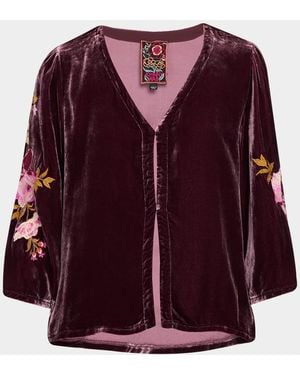 Johnny Was Floral-Embroidered Velvet Bolero - Purple