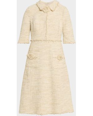 Teri Jon Fringe-Trim Metallic Tweed Dress - Natural