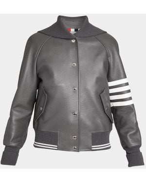 Thom Browne Sailor Collar Leather Varisty Jacket - Gray