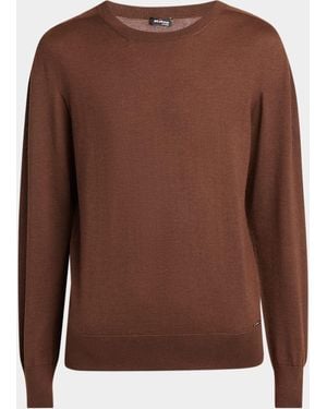 Kiton Long-Sleeve Cashmere-Silk Crewneck Sweater - Brown