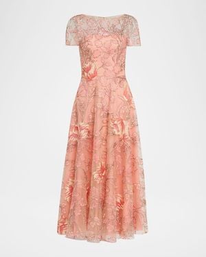 Naeem Khan Metallic Floral Embroidered Short-Sleeve Illusion Midi Dress - Pink