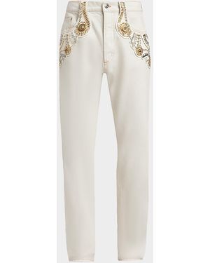 Versace Apos;S Crystal-Embroidered Straight-Leg Denim Jeans - White