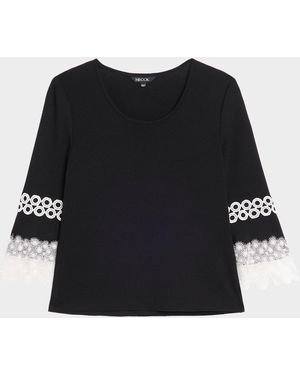Misook Lace Applique Bell-Sleeve Knit Top - Black