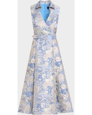 Aidan Mattox Belted Metallic Floral Jacquard Midi Dress - Blue