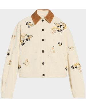 Isabel Marant Lavine Embroidered Cotton Leather-Collar Barn Jacket - Natural