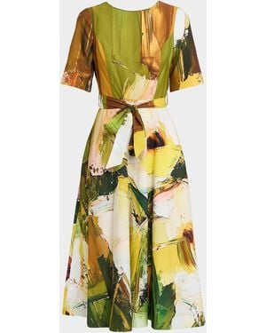 Teri Jon Brushstroke-Print Cotton Midi Dress - Yellow