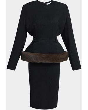 Stella McCartney Long-Sleeve Belted Faux-Fur Peplum Midi Dress - Black