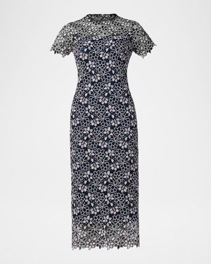 Shoshanna Vivienne Scalloped Floral Lace Midi Dress in Natural | Lyst